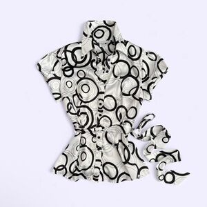 Vintage Dressbarn Satin Blouse Abstract Print Puff Sleeve Tie Belt M